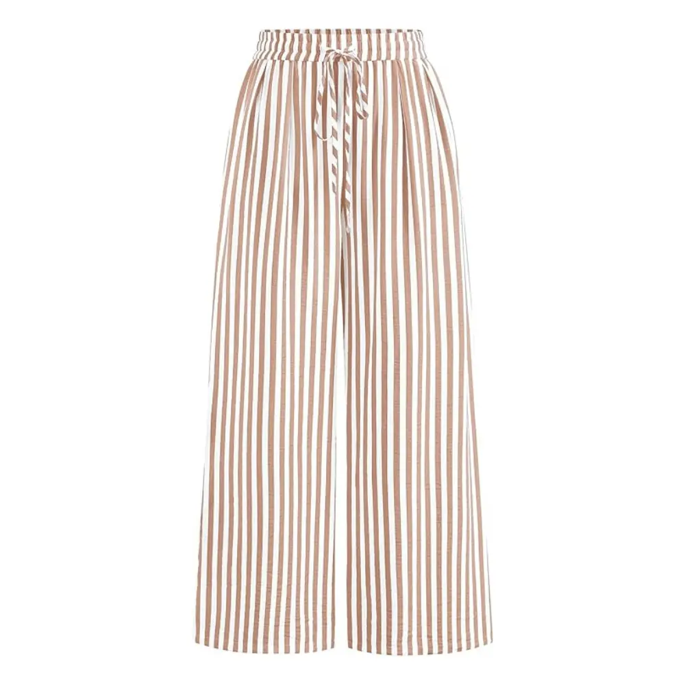 PrettyGarden Women's Pants Elastic WaistStriped Lightweight Palazzo Trousers WithPockets Casual Lounge Wide Leg