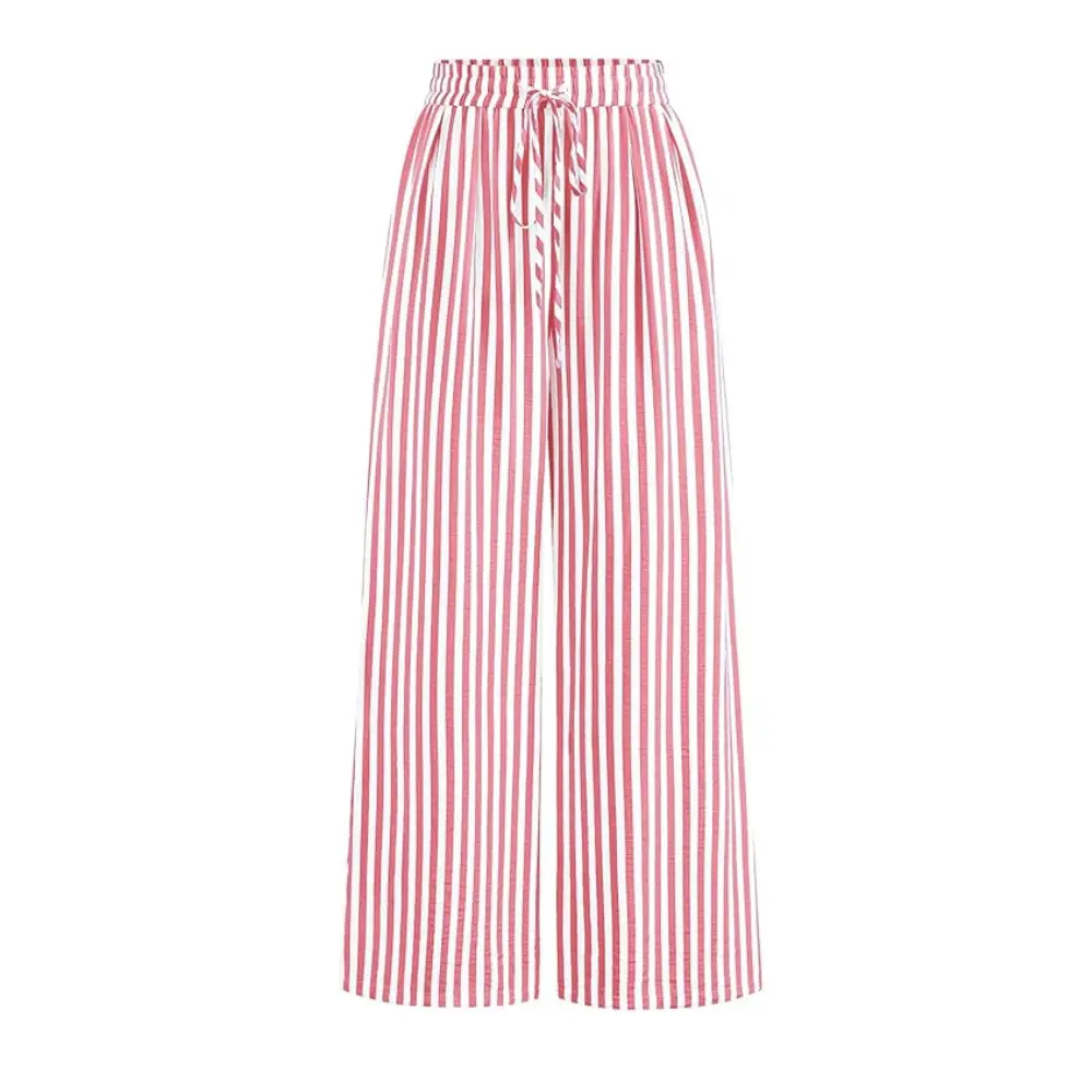 PrettyGarden Women's Pants Elastic WaistStriped Lightweight Palazzo Trousers WithPockets Casual Lounge Wide Leg
