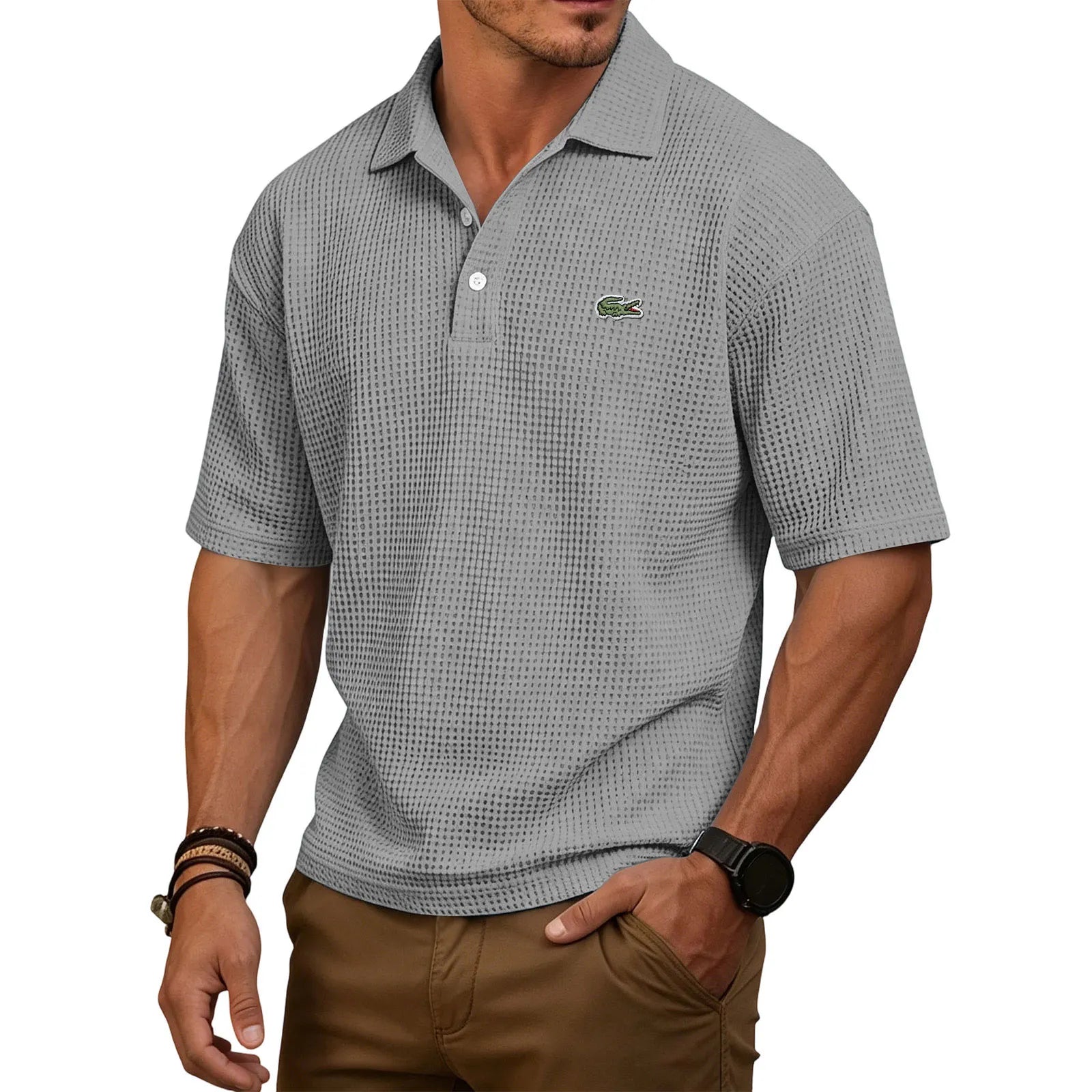 Men's Casual Waffle-Knit Polo T-Shirt