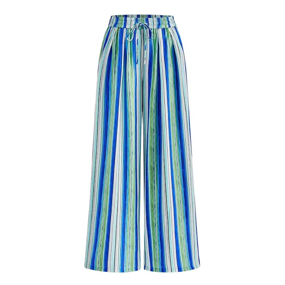 PrettyGarden Women's Pants Elastic WaistStriped Lightweight Palazzo Trousers WithPockets Casual Lounge Wide Leg