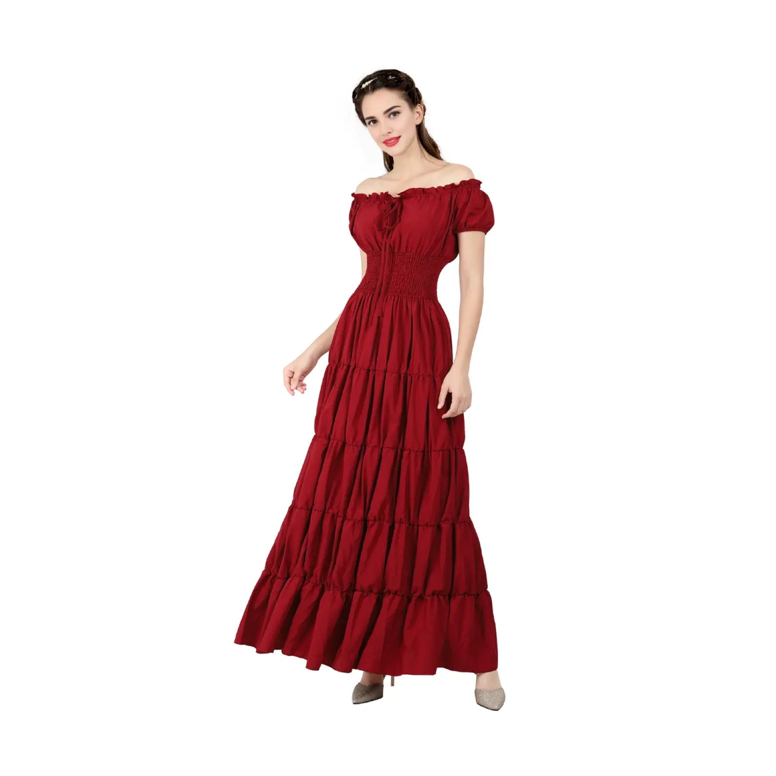Women's Boho Off-Shoulder Smocked Maxi Dress