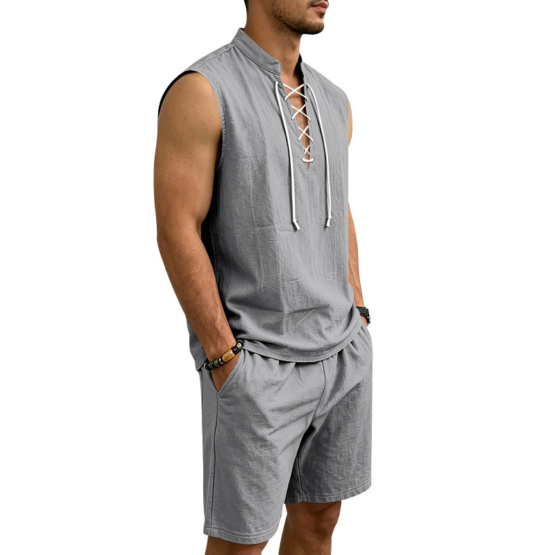 Men's Linen Sleeveless Lace-Up Top & Shorts Set
