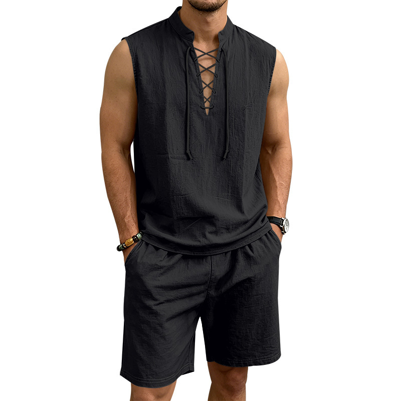 Men's Linen Sleeveless Lace-Up Top & Shorts Set