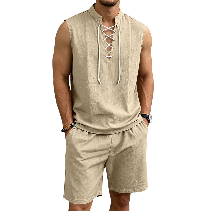 Men's Linen Sleeveless Lace-Up Top & Shorts Set