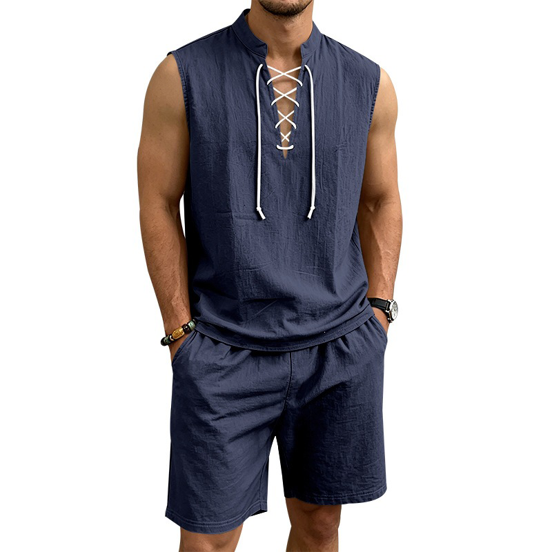 Men's Linen Sleeveless Lace-Up Top & Shorts Set