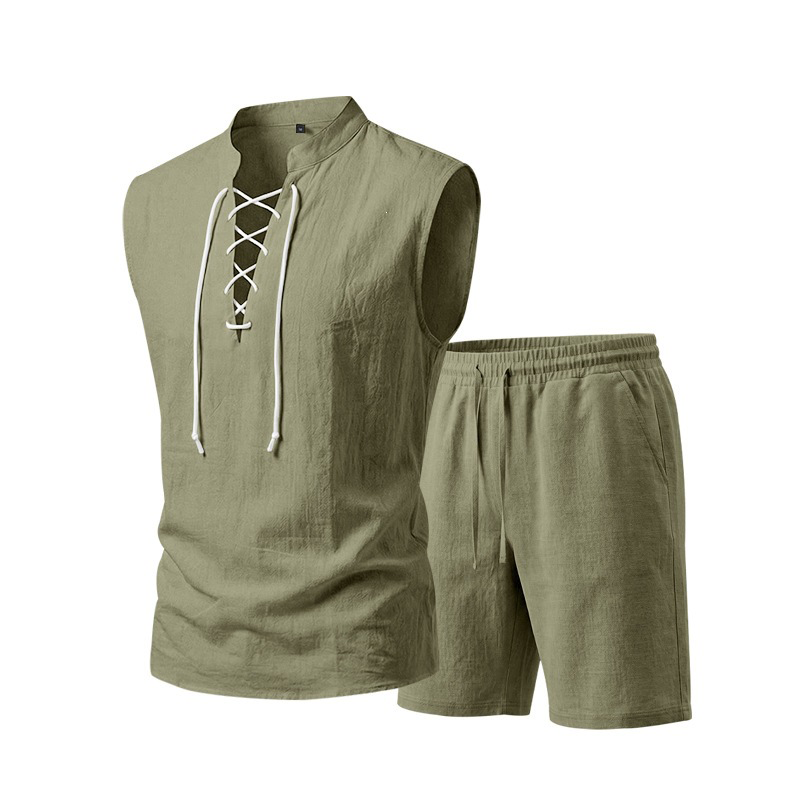 Men's Linen Sleeveless Lace-Up Top & Shorts Set